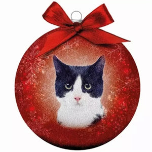 Plenty Gifts Kerstbal Frosted Zwart / Witte Kat Rood 10 CM